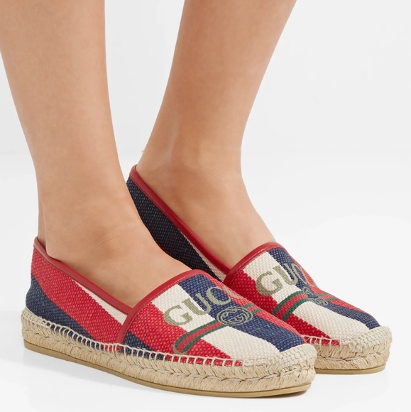 Gucci Shoes - GUCCI Logo Leather-trim Striped Canvas Espadrilles